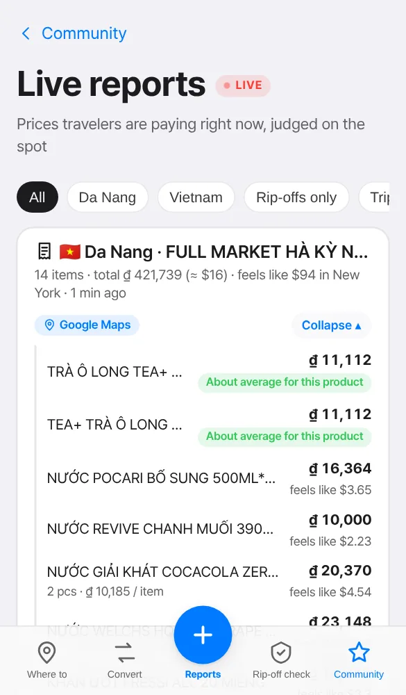 Logged prices in the feed